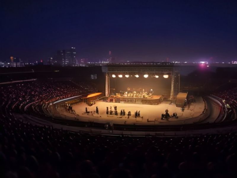 concerts near me App 数据看板风格插画，展示附近演唱会列表与地图定位界面，紫色调为主